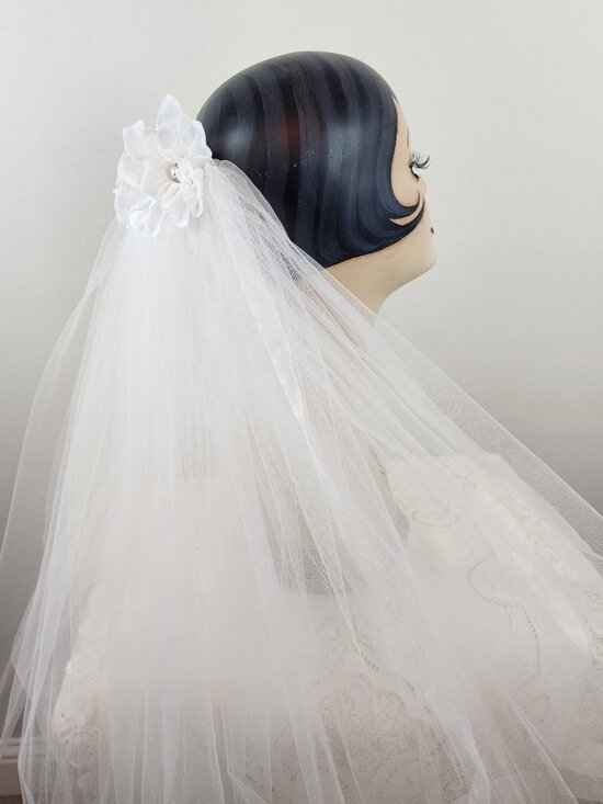 Vintage White Tulle Double Layer Wedding Bridal Veil w/ White Roses Rhinestones main image 9